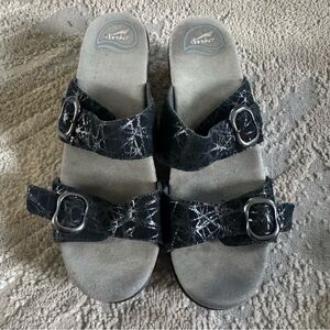 Dansko Sophie sandals shoes black leather slip on wedge comfort 40 / 9.5 / 10